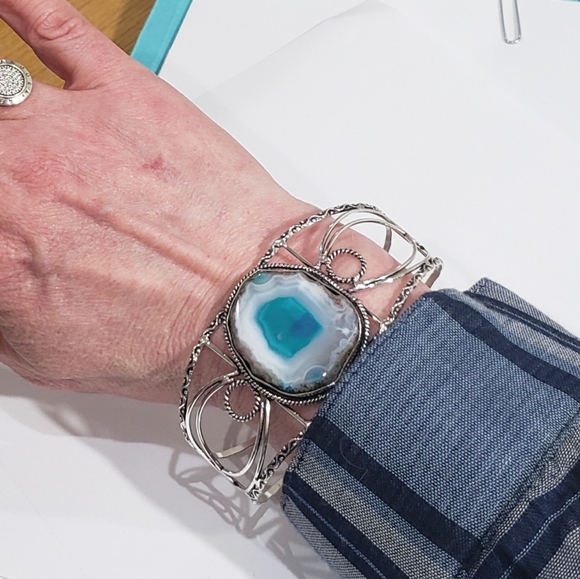 Agate Bracelet, 925 silver agate geode slice gemstone adjustable cuff bracelet - Picture 12 of 14